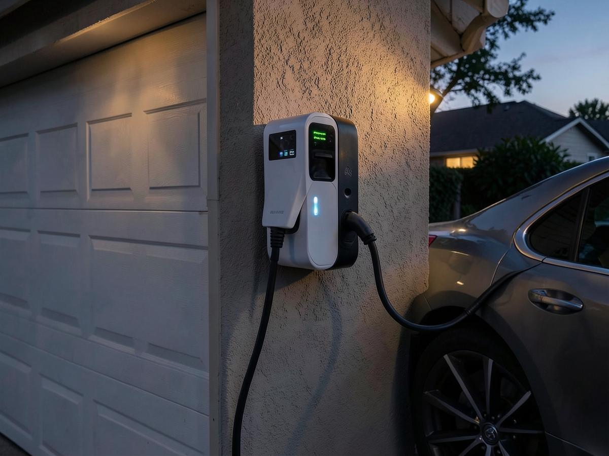 Home EV charging station installed on a garage wall with an electric car plugged in