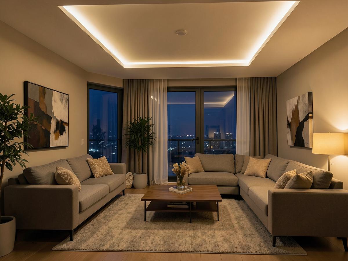 Warm recessed LED ceiling lighting installed in a living room by an electrician