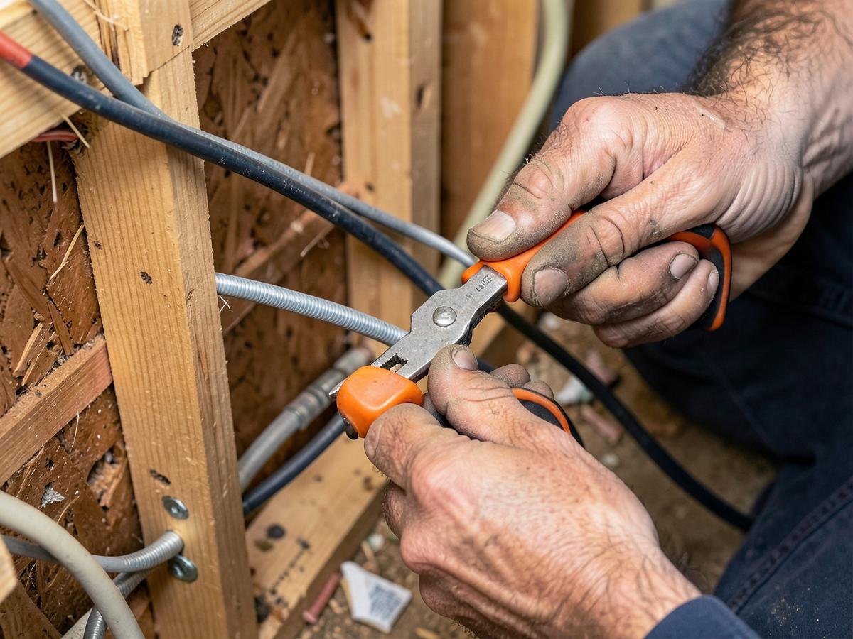 Electrician replacing outdated house wiring inside an open wall in Los Angeles County